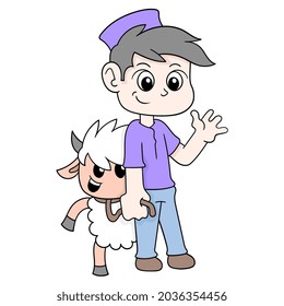 Boy and pet sheep for a walk during Eid al Adha, vector illustration art. doodle icon image kawaii.