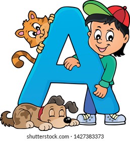 Boy and pets with letter A - eps10 vector illustration.