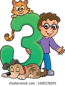 Boy and pets with number three - eps10 vector illustration.