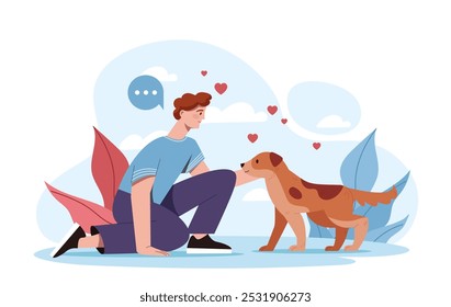 Muchacho acariciando perro. Preescolar con animal doméstico. Propietaria y acariciando en la calle. Amor y Asistencia, amistad. Amabilidad y cuidado. Ilustración vectorial plana aislada sobre fondo blanco