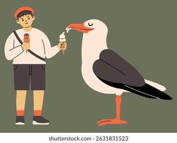 A boy petting a friendly seagull with ice cream.
