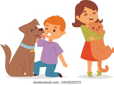 Boy petting happy brown dog and girl holding ginger cat, both kids smiling. Joyful pet ownership and children with animals vector illustration.