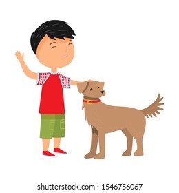 boy petting his dog pet in red collar vector illustration