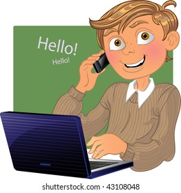 Boy with phone and laptop