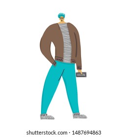 Boy with phone on white background. Young adult character standing  with his smartphone. Vector flat illustartion.