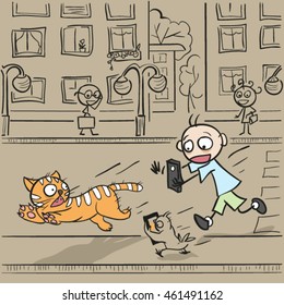 Boy with phone running for cat. Fun vector cartoon illustration