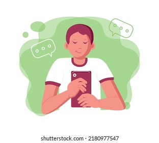 Der Junge mit dem Telefon schreibt eine Nachricht. Chat, Korrespondenz im Netzwerk, Internet.Man und Smartphone. Vektorflache Illustration.