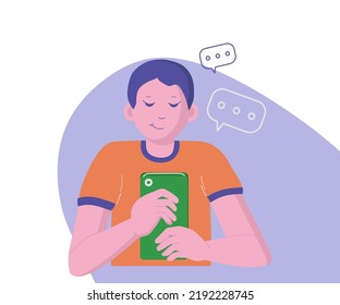El chico con el teléfono escribe un mensaje. Chat, correspondencia en la red, internet.Man y smartphone. Ilustración plana vectorial.