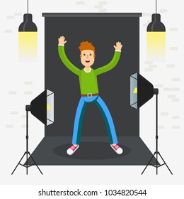 Boy in photo studio. Equipment for photo studio, production of films and advertising. Flat vector cartoon illustration. Objects isolated on a white background.