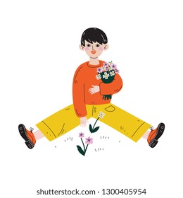 Boy Picking Flowers, Kids Spring or Summer Outdoor Activity Vector Illustration