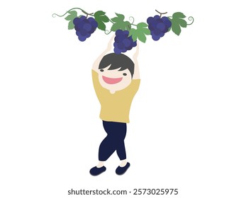 A boy is picking grapes in the vineyards.