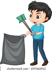 Boy picking up trash on isolated background illustration