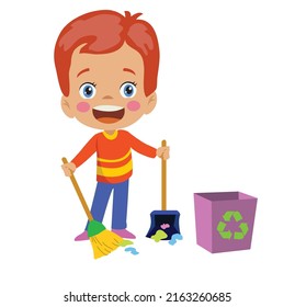 Boy Picking Trash Throwing Recycle Bin Stock Vector (Royalty Free ...