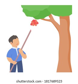 Boy picks fruit ripe rambutan from tree using stick white isolated background with flat color style
