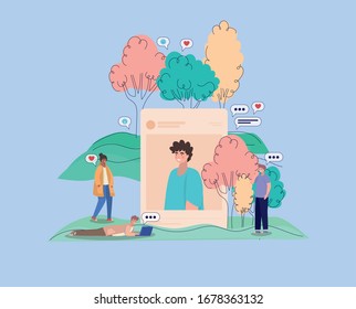 Dibujos de niños burbujas y personas con el diseño de teléfonos inteligentes, la cultura juvenil la persona genial perfil humano y tema del usuario Ilustración vectorial