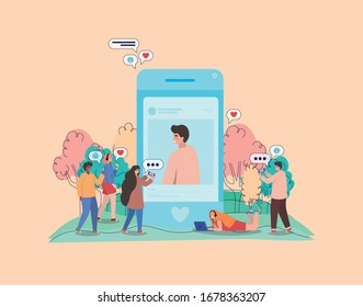 Boy-Bild-Bäume Blasen und Menschen mit Smartphones Design, Jugendkultur coole Person menschliches Profil und Benutzerthema Vektorgrafik