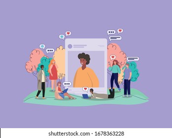 Boy picture trees bubbles and people with smartphones design, Youth culture cool person human profile and user theme Vector illustration