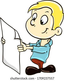 Boy with piece of paper, illustration, vector on white background