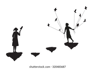 boy with pigeons come to the girl standing on flying rock, black and white, date in dreamland, vector