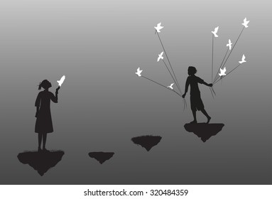 boy with pigeons comes to the girl standing on flying rock, black and white, date in dreamland, sweet love, lovers,vector