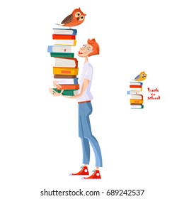 A boy with a pile of books and an owl. Back to school. Literacy Day. Vector illustration.