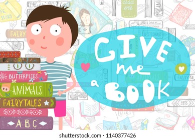 Boy and Pile of Books Reading Cartoon. Little kid with books and fun text lettering design. Vector cartoon.