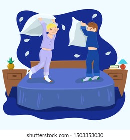 Boy pillow fight. Illustration in blue colors. Vector graphics.