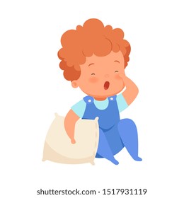 Boy with a pillow wants to sleep. Vector illustration on a white background.