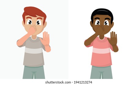 Boy Pinching Her Nose To Hold Breath And Showing Stop Gesture