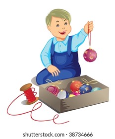 Boy with pines decorations. Vector illustration.