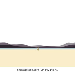 Boy in pink cap sitting lonely near lake and looking at mountain. Sunny summer day. Vacation travel in nature.