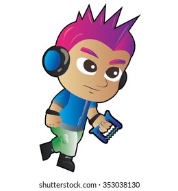 Boy with Pink Spiked Hair, Headphones, Green Pants Walking Cartoon Vector