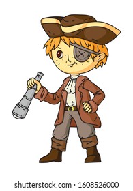 Boy in pirate costume, hat, piratic blindfold and with spyglass standing on white. Historical and fantastic hero. Childhood fun and role game. Ocean, sea, nautical theme. Vector holiday illustration