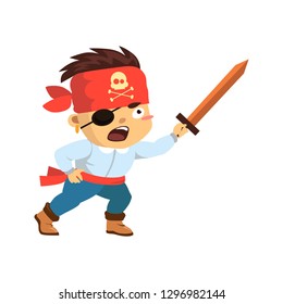 
A boy in a pirate costume with a saber in his hand. Illustration in cartoon style.