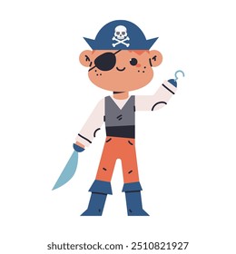 Boy in pirate Halloween costume vector cartoon character.