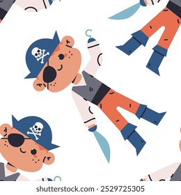 Boy in pirate Halloween costume vector cartoon seamless pattern background.