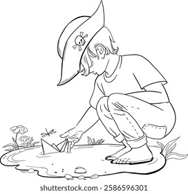 A boy in a pirate hat launches a paper boat.contour drawing of a boy in a pirate hat playing by a puddle, floating a paper boat. The boy with the boat — coloring book.