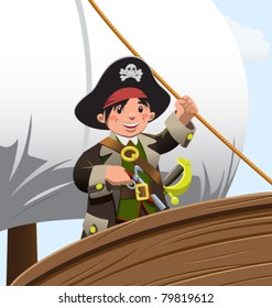 boy pirate sails on ship, clinging to rope in front of sail, smiles happily