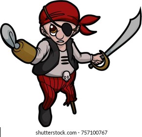 boy pirate with sword, hook, and wooden leg