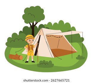 Boy pitched a tent in the forest. Flat vector illustration.