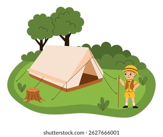 The boy pitched a tent in the forest. Outdoor recreation. Flat vector illustration.