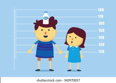 Boy place a milk bottle on head for make increase tallness than girls. This illustration meaning to drinking milk make a kid high up faster.