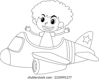 A boy in plane black and white doodle character illustration