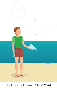Boy and plane on the  beach