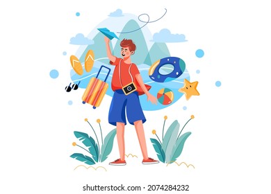 Boy planning for a vacation trip Illustration concept. Flat illustration isolated on white background.