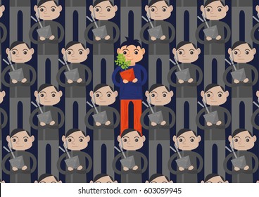 A boy with a plant between heaps of the uniformity children with artificial flowers. An example of the utopian future, there a real live  plant is something special and unique.