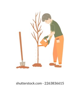 Boy planted tree and watering it. Caring for environment, preservation forest, theme of ecology. Colorful vector isolated illustration hand drawn. Tree planting, preserving nature