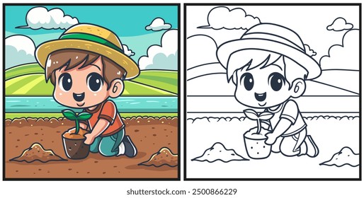 The boy are planting coloring page illustration