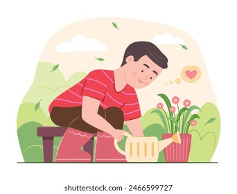Boy Planting a Flower in Flower Pot for Gardening Concept Illustration