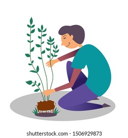 A boy is planting a new seedling of a tree. A manifestation of kindness to nature. Vector editable illustration